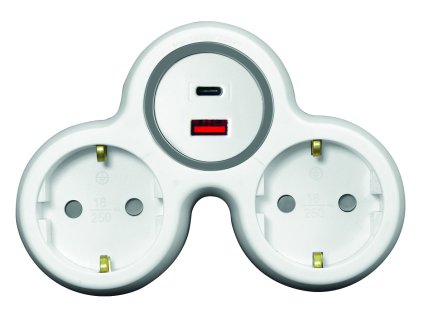 Dvoucestný adaptér s USB nabíječkou A+C (max. 20 W), bílo-šedý, 2x16 A
