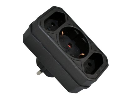 Třícestný adaptér - 2x Euro 2,5 A 250 V ~ + 1x "schuko" 16 A 250 V ~, černý