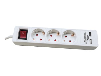 Třícestná zásuvka + 2 nabíječky USB s přepínačem, 16 A 250 V ~ 3500 W , USB 5V DC 2,1 A, bílá barva