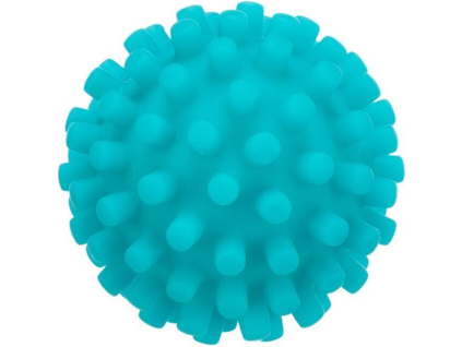 Pískacia gumová loptička so špuntíkmi - 6 cm tyrkysová