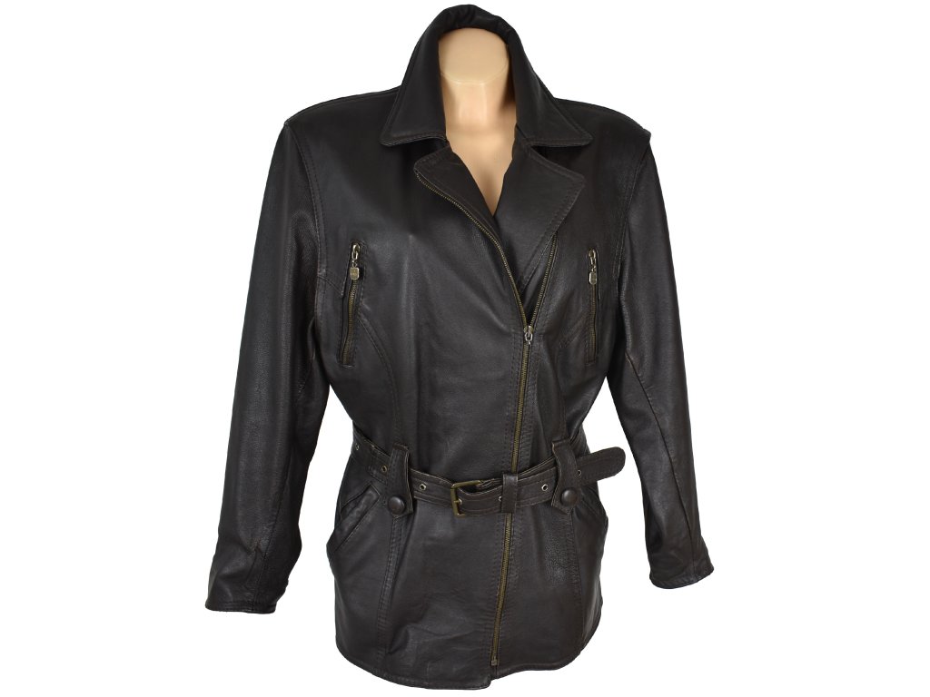 KOŽENÝ dámský hnědý kabát - křivák s páskem XL