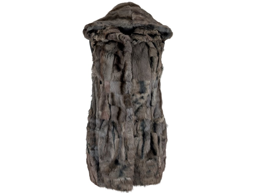 Pravá dámská hnědá kožešinová vesta s kapucí Hermitage S