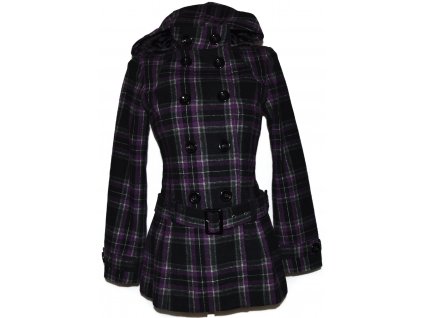 Dámský černo-fialový kabát s páskem a kapucí C&A S