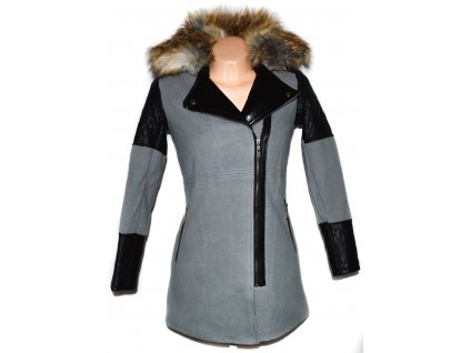 Vlněný dámský zateplený šedý kabát křivák s kožíškem S 2