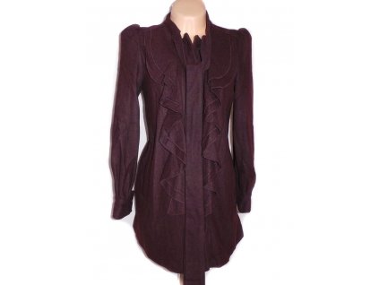 Vlněný dámský fialovovínový kabát s volány