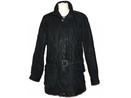 KOŽENÝ pánský černý zateplený měkký kabát s páskem XL