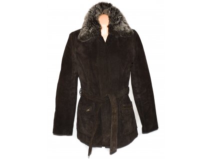 KOŽENÝ dámský hnědý broušený kabát s páskem a kožíškem PAPAYA L