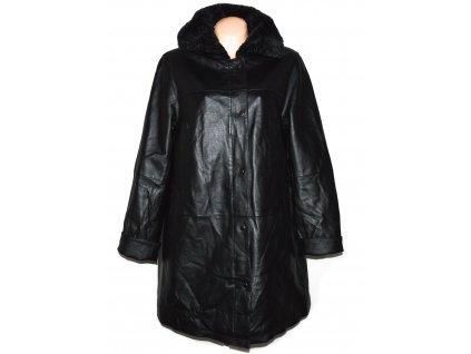 KOŽENÝ dámský černý měkký zateplený kabát s kožíškem XXL