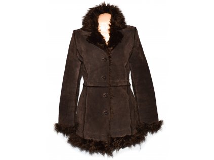 KOŽENÝ dámský hnědý broušený kabát s kožíškem Authentic 38