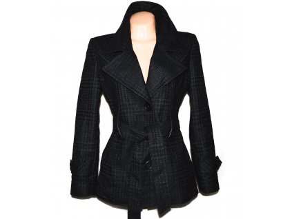 Vlněný dámský šedočerný kabát s páskem - kohoutí stopa OZETA 40