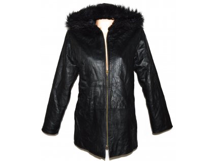 KOŽENÝ dámský černý měkký zateplený kabát s kapucí XL