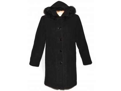 Vlněný dámský zateplený šedočerný kabát s kapucí L