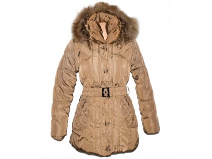 Dámský hnědý prošívaný zimní kabát s páskem a kapucí FOREST S/M
