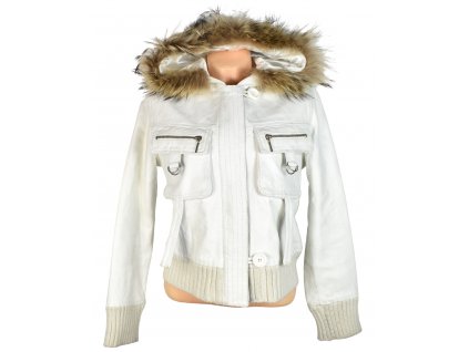 KOŽENÁ dámská bílá měkká zateplená bunda s kapucí, pravý kožíšek Chapelle 38