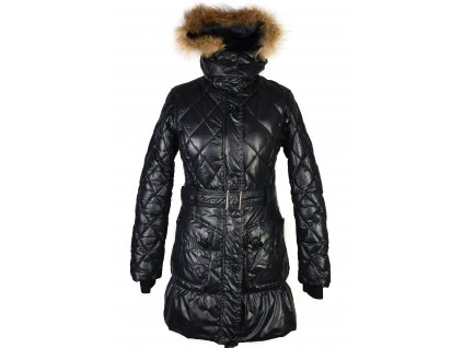 Dámský černý prošívaný kabát s páskem a kapucí s pravým kožíškem G-Rag S