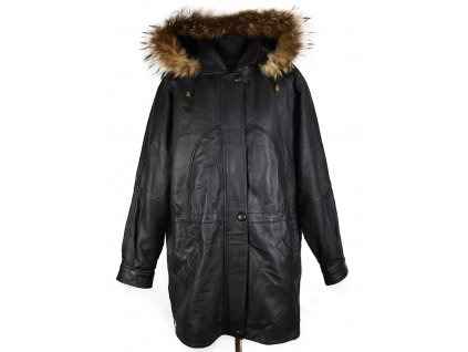KOŽENÝ dámský černý měkký kabát - parka s kapucí s pravým kožíškem XXL
