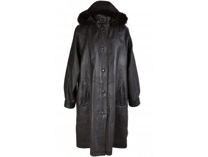 KOŽENÝ dámský hnědý dlouhý kabát s kapucí s pravou kožešinou Roy/Rene 46