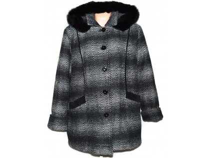 Dámský zimní zateplený šedočerný kabát s kapucí, pravý kožíšek XXXL