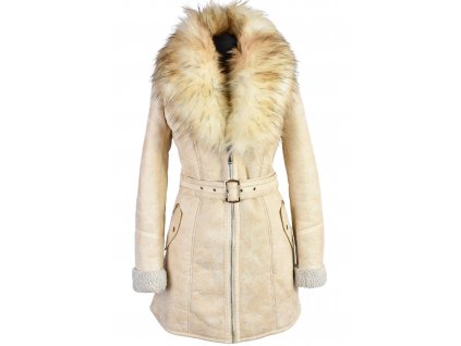 Dámský krémový zimní kabát s bohatým kožešinovým límcem Resalsa M