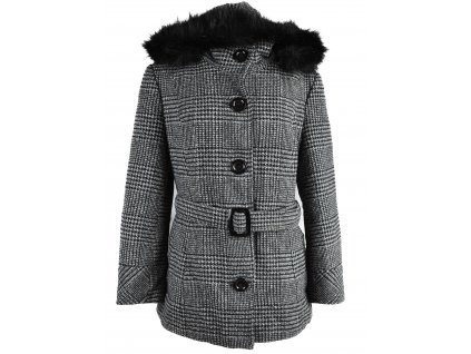 Dámský šedočerný zimní kabát s páskem a kapucí Walbo 42