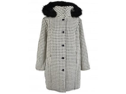 Vlněný (75%) dámský vzorovaný černobílý kabát s kapucí XXXL