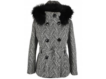 Vlněný (80%) dámský černobílý zimní kabát s kapucí P.H.Wesma M