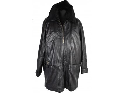 KOŽENÝ dámský černý měkký kabát s odnimatelnou vložkou a pravou kožešinou Gabriella Benelli XXL