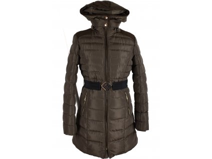 Dámský hnědý prošívaný zimní kabát s páskem a kapucí S/36