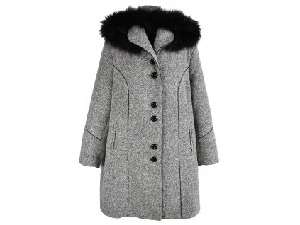 Vlněný (70%) dámský šedočerný zimní kabát s kapucí EWA XXXL