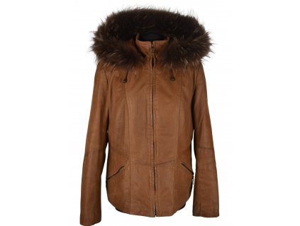 KOŽENÁ dámská hnědá měkká bunda s kapucí s pravou kožešinou D&H L