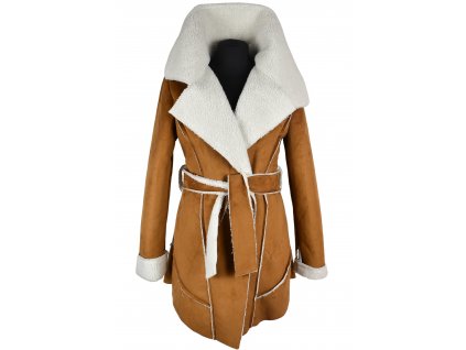 Dámský karamelový kabát na zavazování s bílým kožíškem S