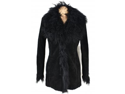 KOŽENÝ dámský černý kabát s kožešinou Mango M/L