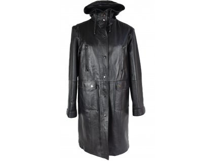 KOŽENÝ dámský černý zimní dlouhý kabát s kapucí S/M