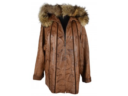 KOŽENÝ dámský hnědý měkký kabát s kapucí s pravou kožešinou Victor Collection L