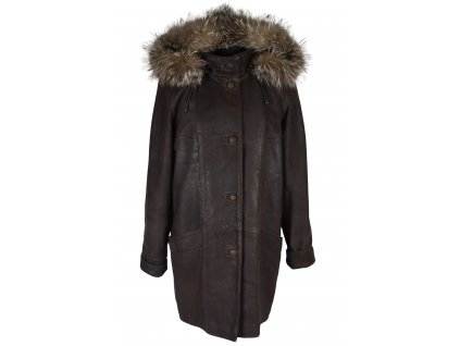 KOŽENÝ dámský hnědý kabát s kapucí s pravou kožešinou M