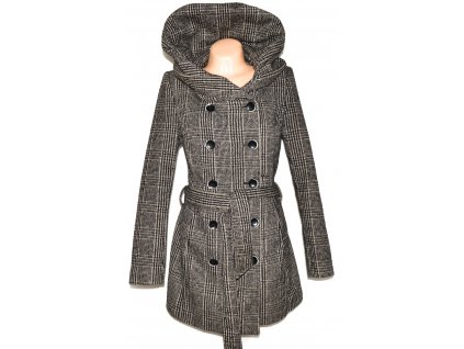 Vlněný dámský hnědý kabát s límcem/ kapucí, páskem