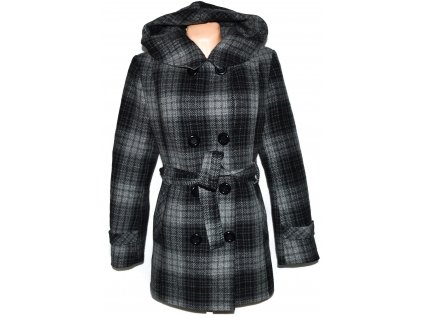 Vlněný (80%) dámský šedočerný zateplený kabát s páskem a kapucí 