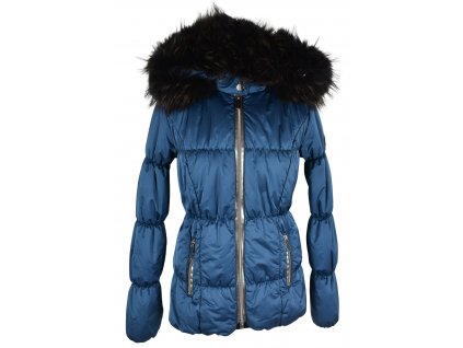 Dámský modrý prošívaný kabát s kapucí s pravou kožešinou Infinite 36