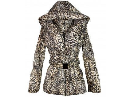 Dámský prošívaný leopardí kabát s páskem a kapucí L
