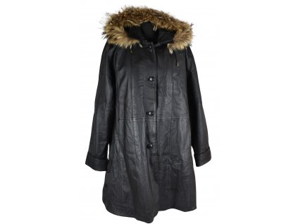 KOŽENÝ dámský černý kabát s odnimatelnou vložkou a kapucí s pravou kožešinou Paris XL