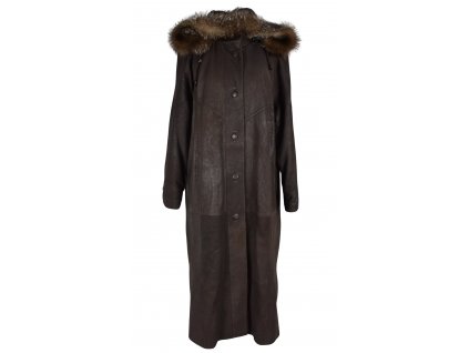 KOŽENÝ dámský hnědý dlouhý zateplený kabát s kapucí s pravou kožešinou 48