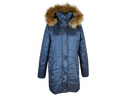 Dámský prošívaný modrý kabát s kapucí s pravou kožešinou BIBA 40