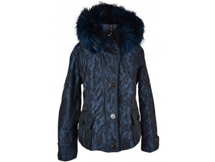 Dámská modrá prošívaná bunda s kapucí s pravou kožešinou LUO LUO XL