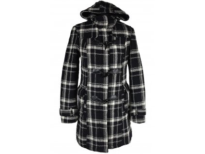 Dámský černobílý zateplený kostkovaný kabát s kapucí  M