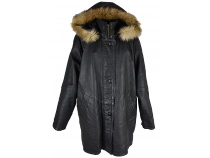 KOŽENÝ dámský černý zateplený kabát s kapucí s pravou kožešinou XXL