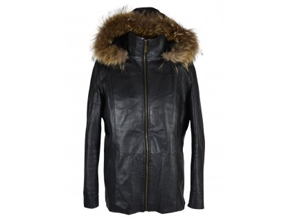 KOŽENÁ dámská černá bunda s kapucí s pravou kožešinou a odnimatelnou vložkou Paris L