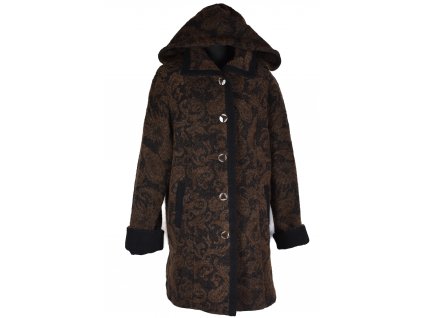 Vlněný (80%) dámský hnědý vzorovaný zateplený kabát s páskem Kaprost XXL