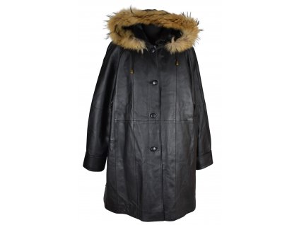 KOŽENÝ dámský černý kabát s kapucí s pravou kožešinou XXXL