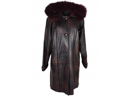 KOŽENÝ dámský vínový dlouhý kabát s kapucí s pravou kožešinou XL