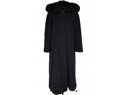 Vlněný (70%) dámský šedočerný dlouhý kabát s kapucí s pravou kožešinou Lantea XXL